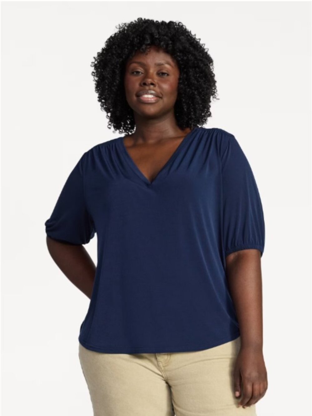 Terra & Sky Women's Plus Size V Neck Tee with Elbow Sleeves Dark Navy Size 4X